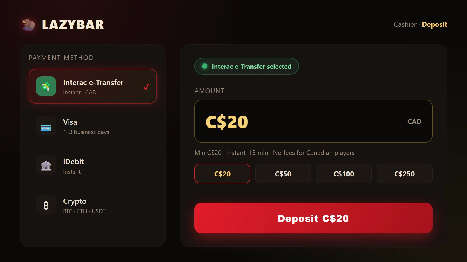 LazyBar cashier with Interac e-Transfer selected, C$20 entered, min C$20 instant to 15 minutes note