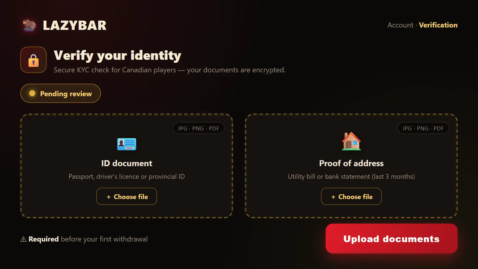 LazyBar Casino KYC verification screen with document upload slots for ID and proof of address and a pending review status