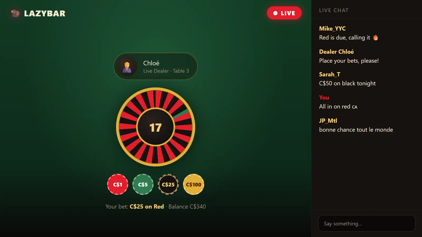 LazyBar live casino table with Evolution-style dealer, roulette layout, CAD bets and live chat panel