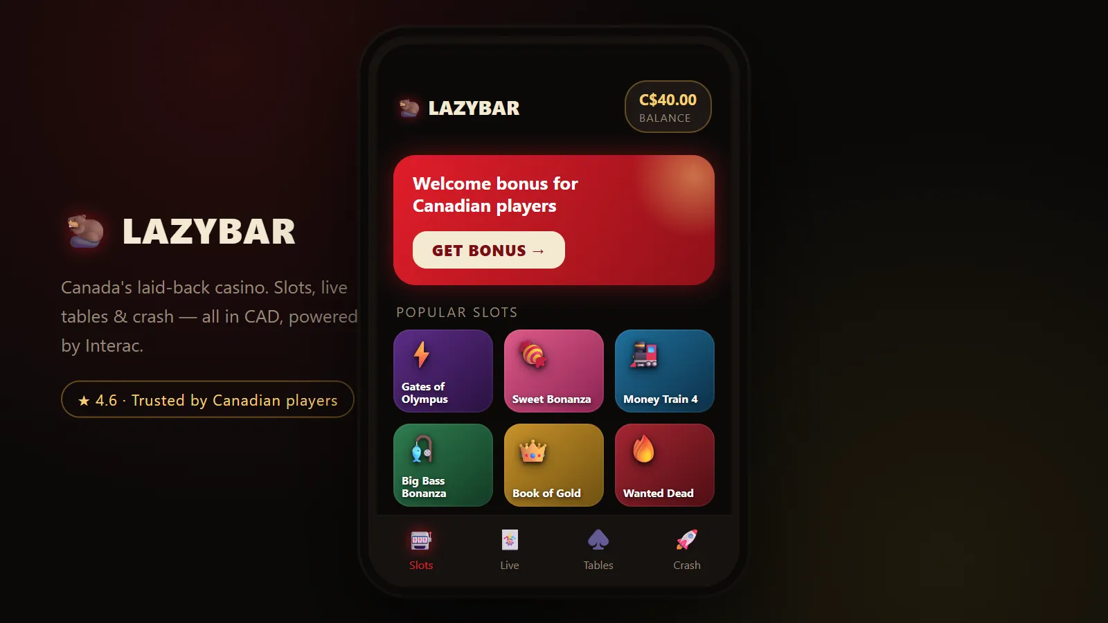 LazyBar Casino mobile lobby with dark theme, red neon and beaver mascot showing the welcome bonus block and slot grid