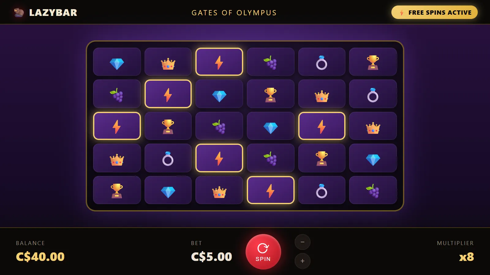 LazyBar slot gameplay on mobile full screen showing reels, C$40 balance, bet within C$7 cap and active free spins