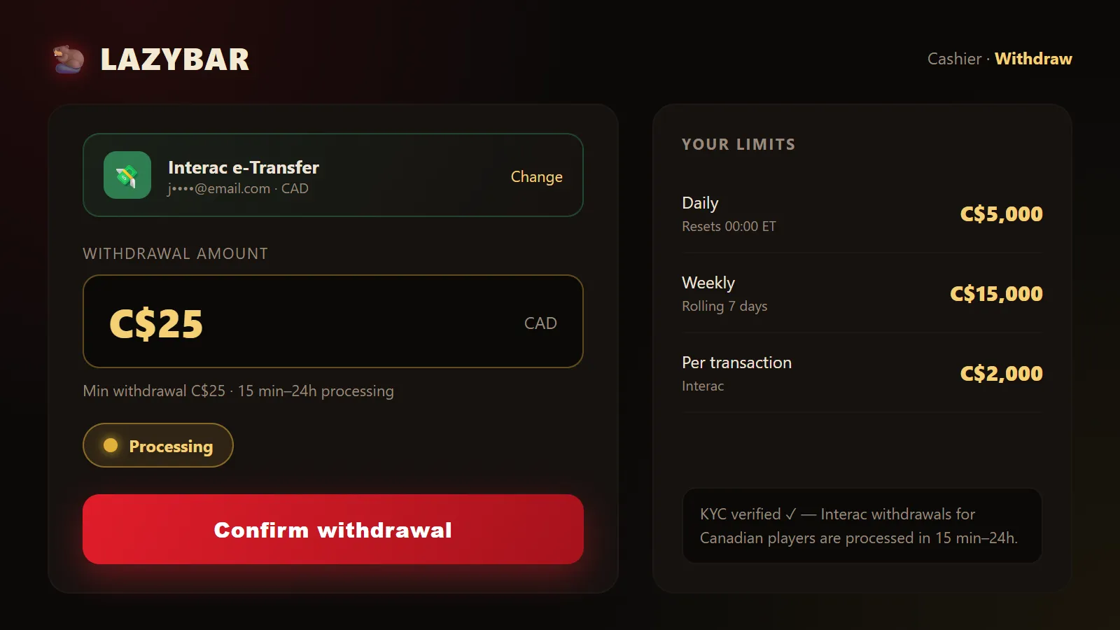 LazyBar Casino withdrawal request screen showing Interac method, a C$25 amount, processing status and daily and weekly limits